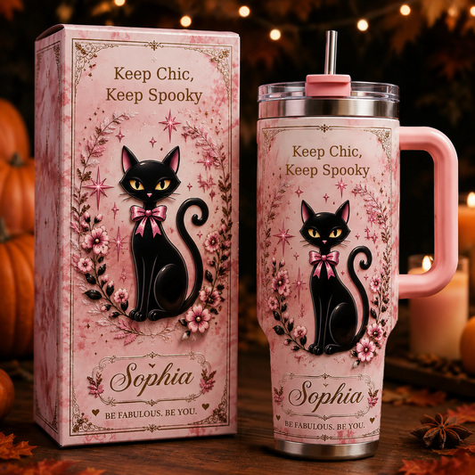 🐈⬛Personalized Name Black Cat Tumbler 🎁 30oz / 40oz Handle Stainless Steel Insulated Cup, Stay Chic Stay Spooky Custom Gift
